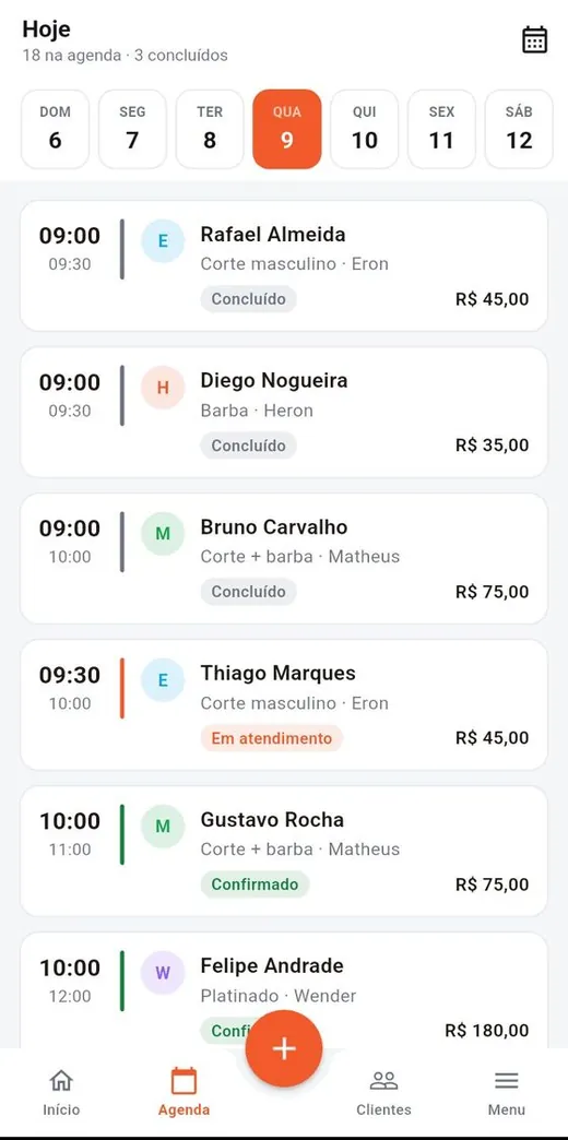 Agenda do dia no app da equipe