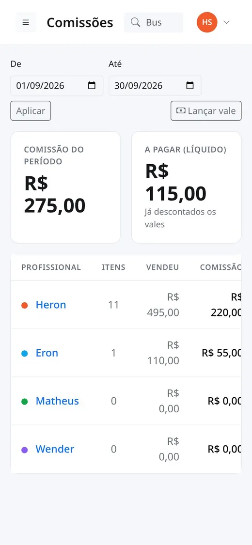 Comissões no celular
